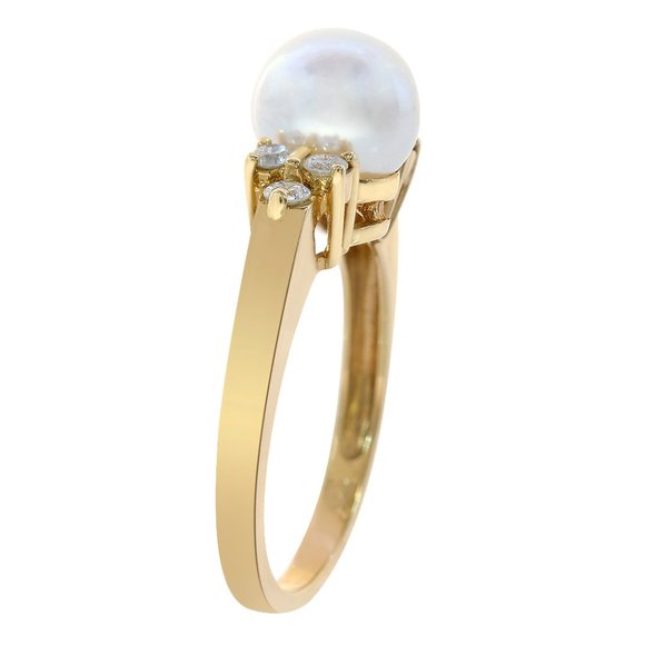 7.7mm Cultured Pearl and Round Diamond Ring 14K YG - Picture 2 of 3